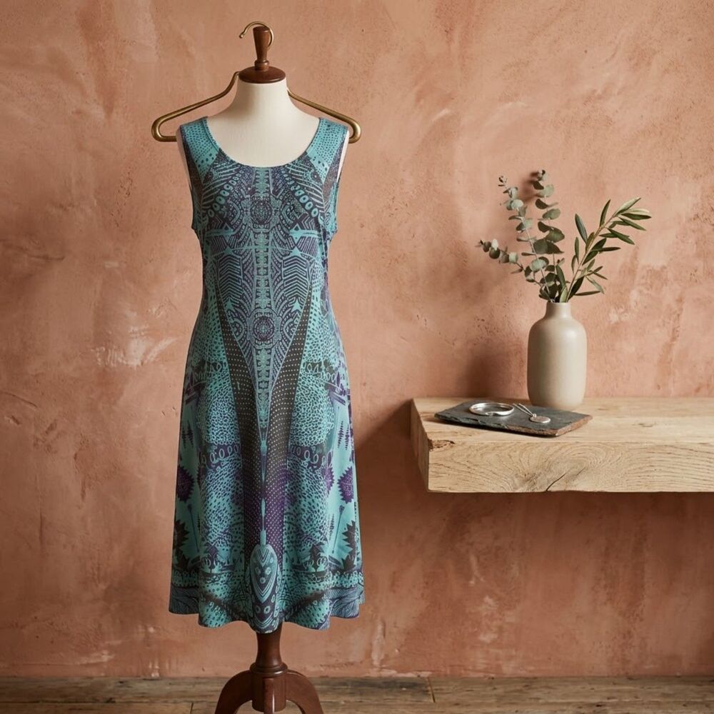 World Unity Abstract Rhinestone Sleeveless Midi Dress Teal Size M